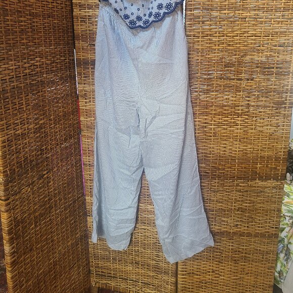 Japna Blue White Stripe Sleeveless One-Jumpsuit Size Large Embroidered - Picture 2 of 8
